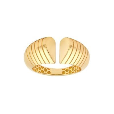 The Split Heart Diamond Cut Ring is a gold open ring with a wide band, curved parallel grooves at each end, and a honeycomb inner pattern, shown against a white background.
