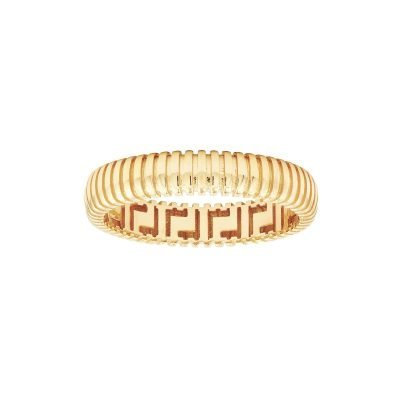 The Rounded Ribbed Band is a gold ring featuring a ridged, tubular exterior and a geometric Greek key pattern lining the inside, shown against a white background.